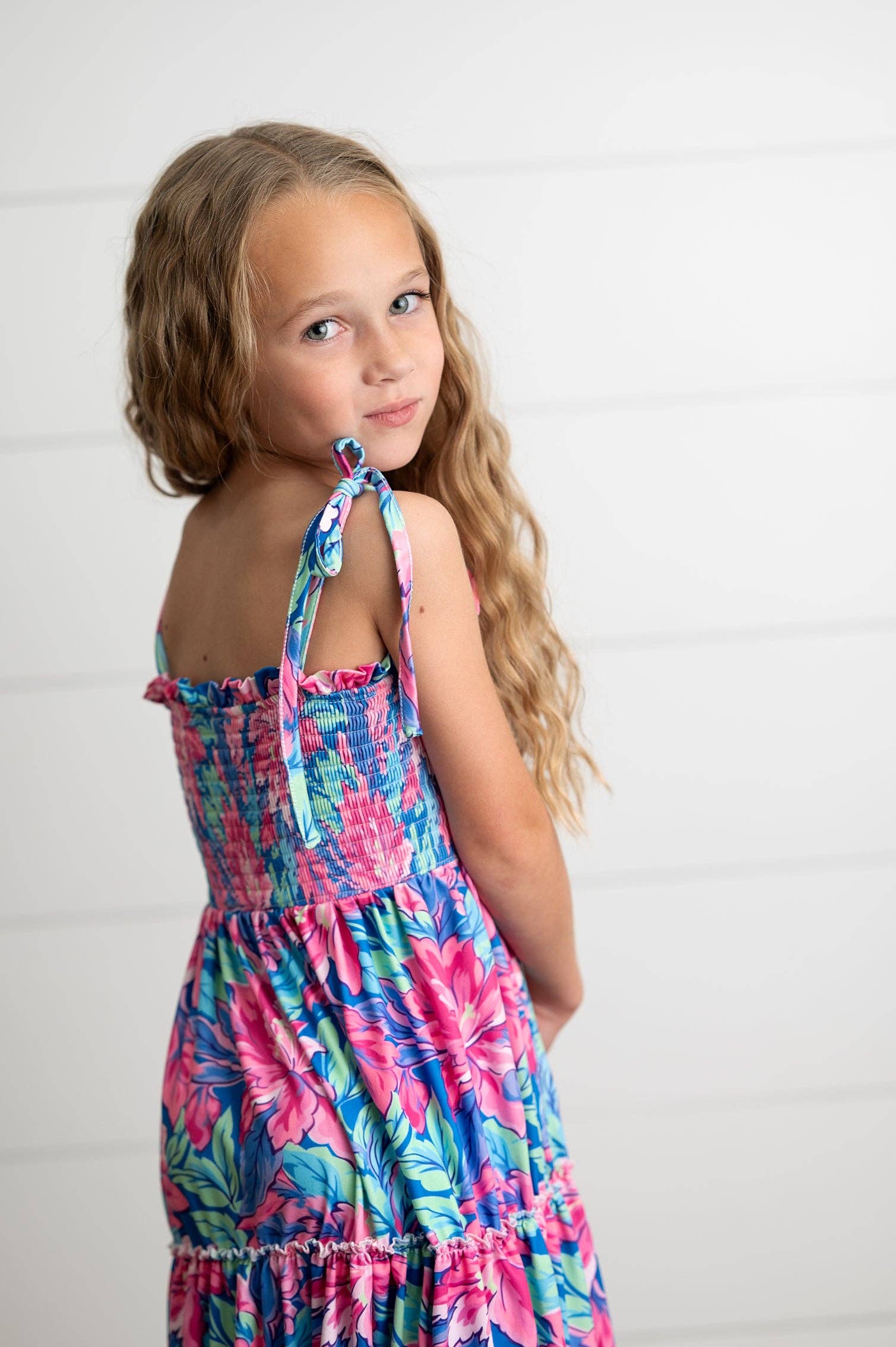 Girls Hot Pink Hawaiian Tropical Tiered Summer Maxi Dress