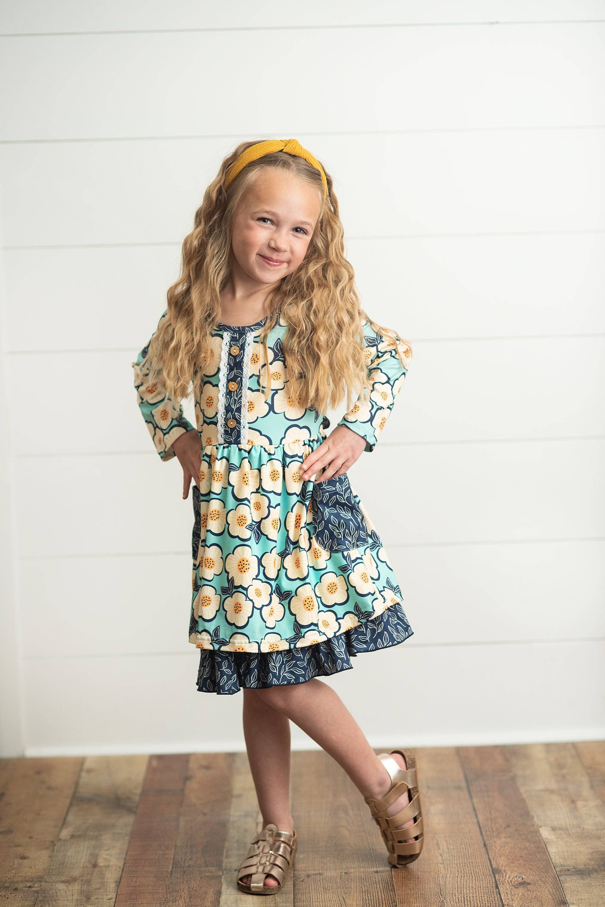 Kids Navy White Flower Button Lace Winter Dress With Pockets