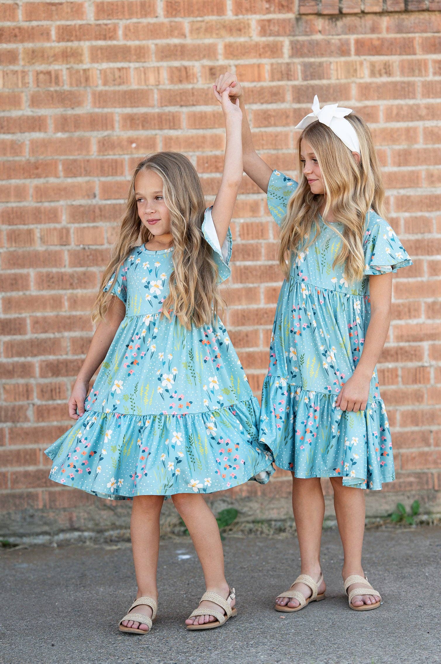 Girls Emma Teal Spring Willow Floral Flutter Sleeve Dress