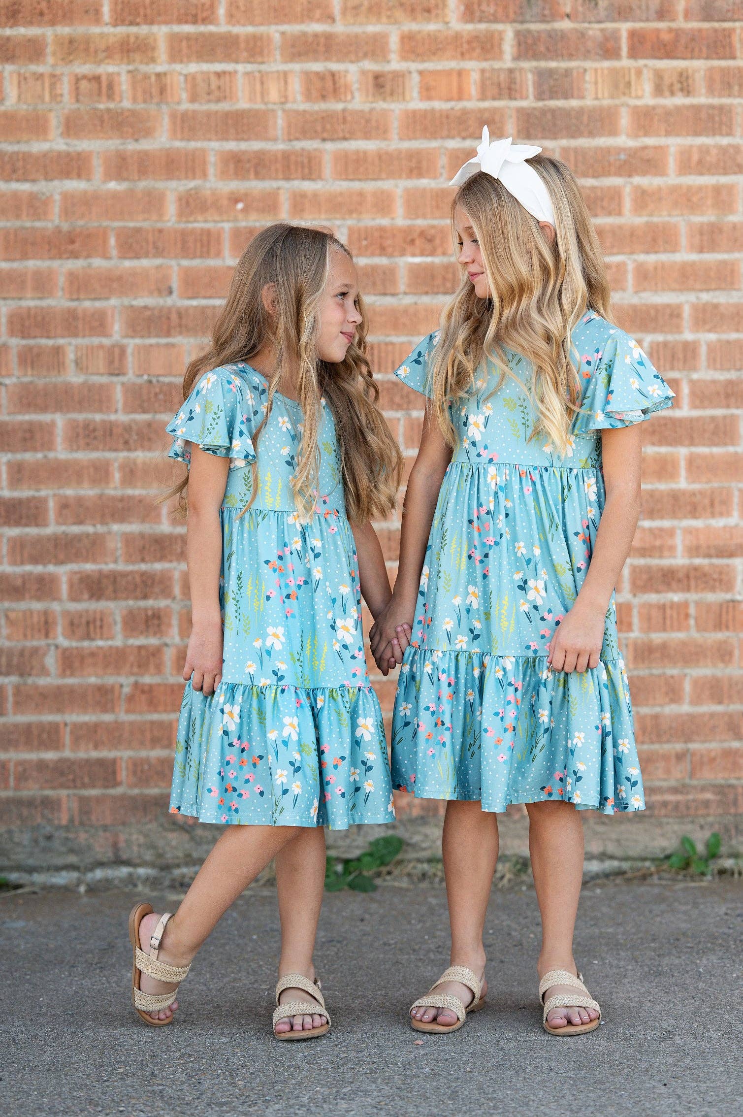 Girls Emma Teal Spring Willow Floral Flutter Sleeve Dress