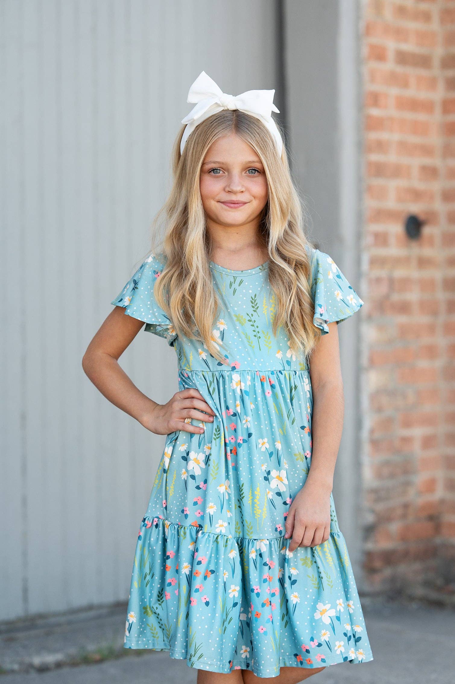 Girls Emma Teal Spring Willow Floral Flutter Sleeve Dress