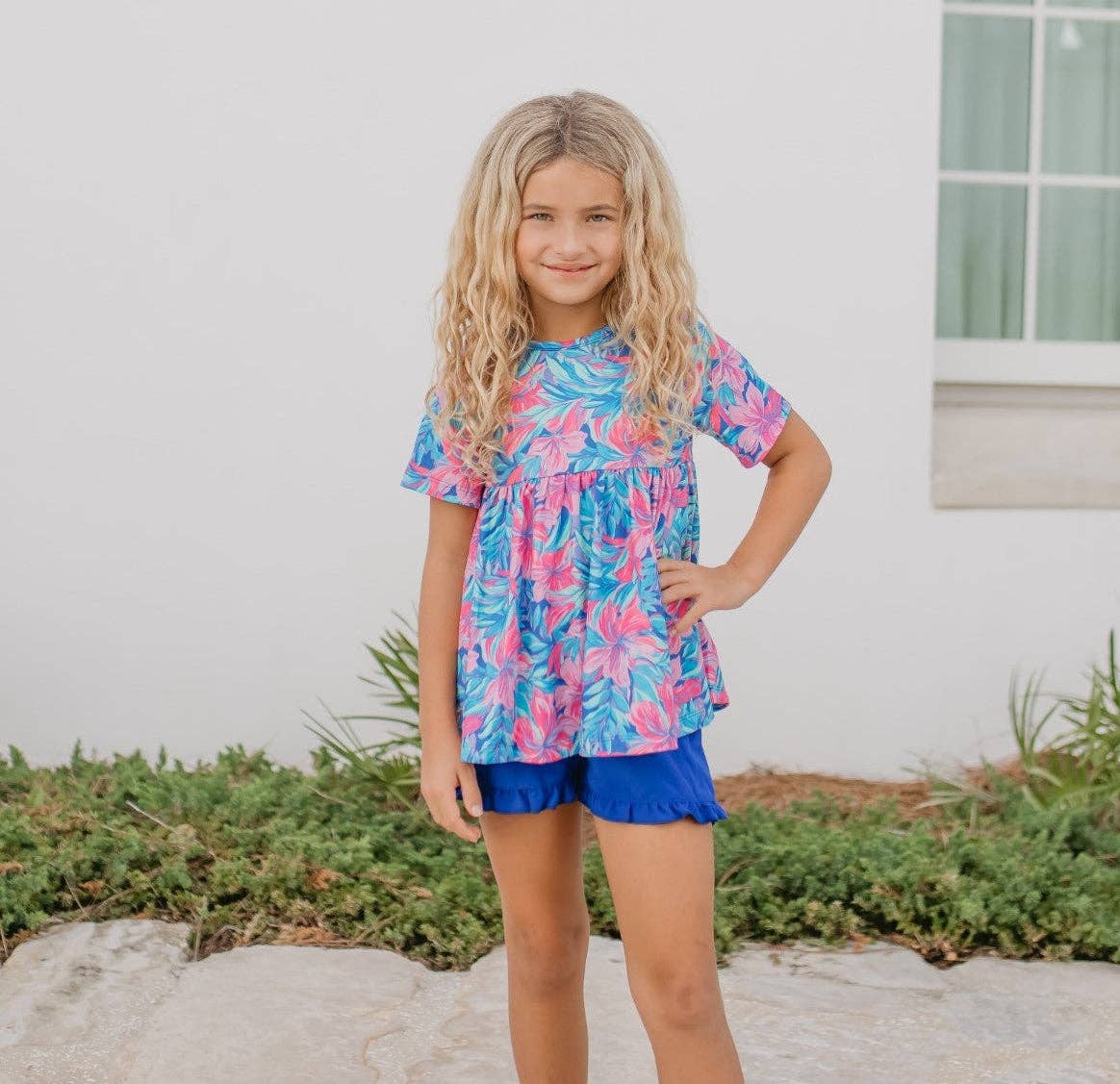 Kids Tropical Floral Pocket Ruffle Spring Summer Short Set