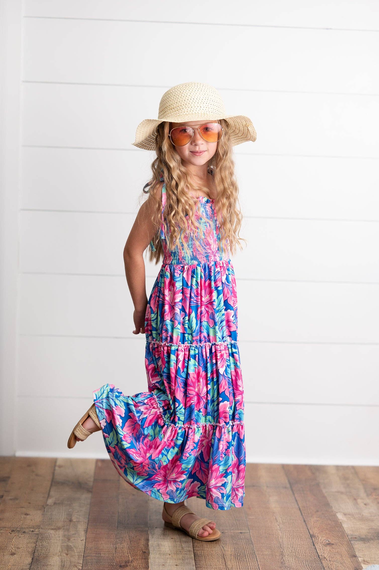 Girls Hot Pink Hawaiian Tropical Tiered Summer Maxi Dress