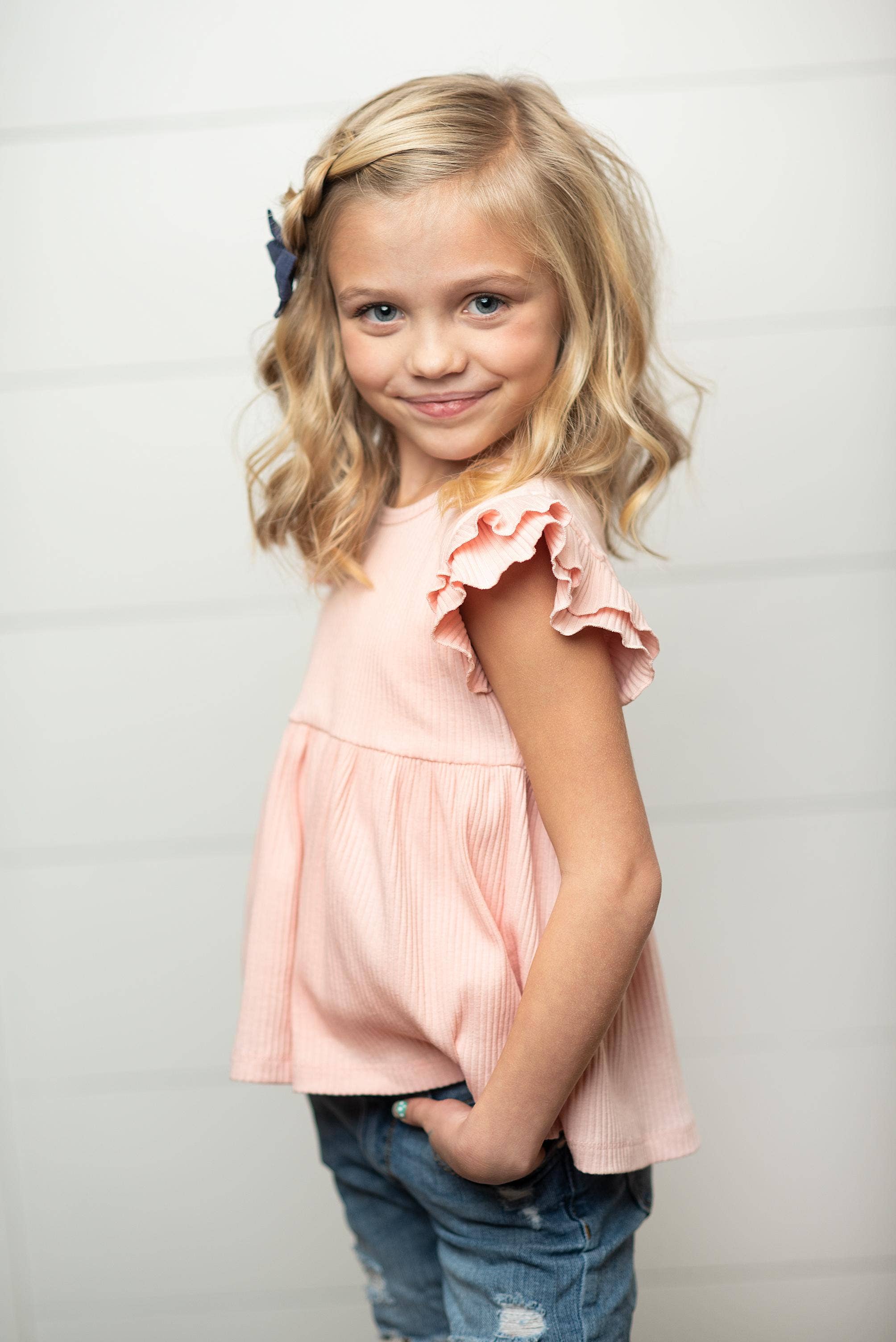 Kids Light Pink Double Ruffle Flutter Sleeve Summer Shirt