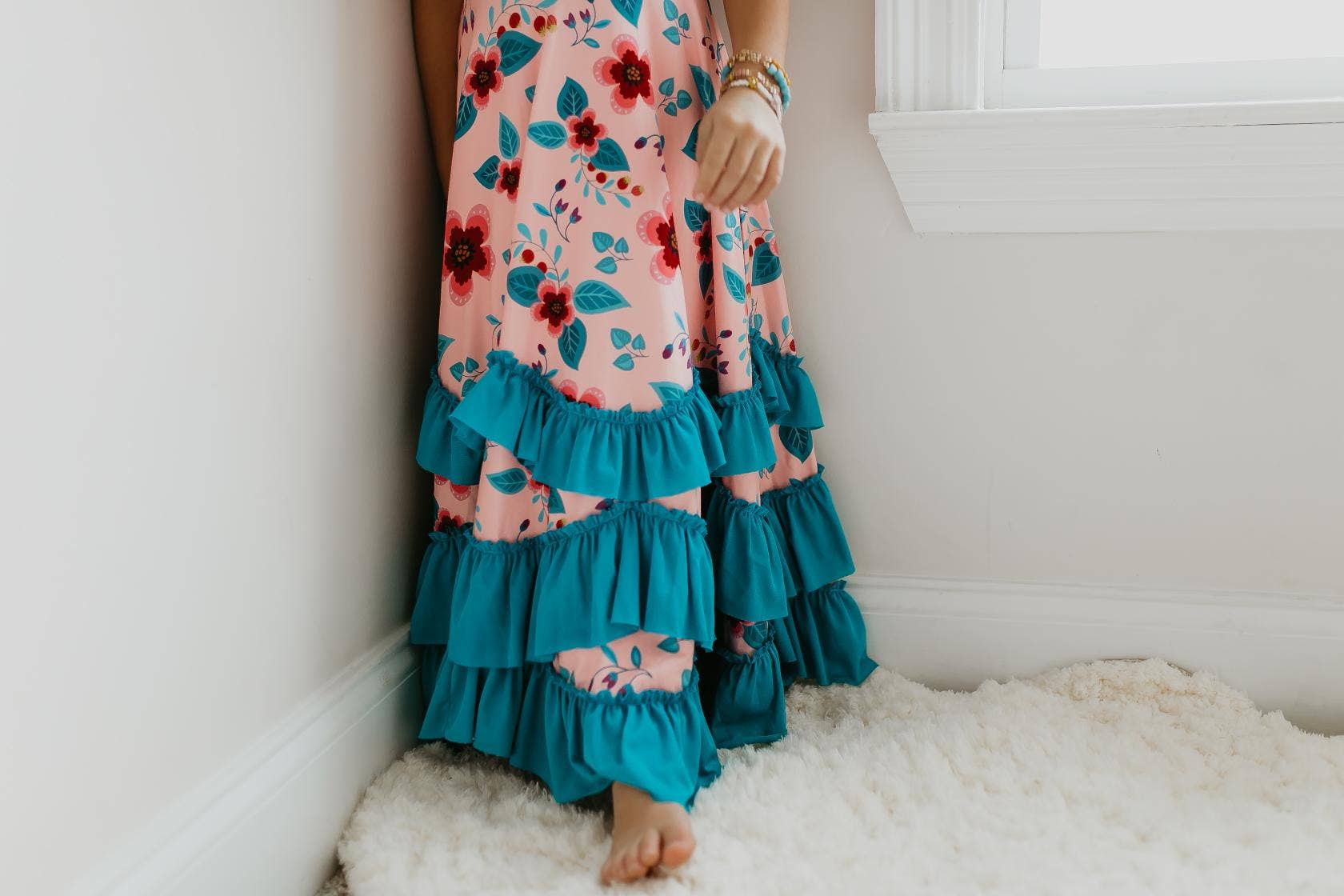 Kids Light Peach Floral Flutter Sleeve Ruffles Spring Dress