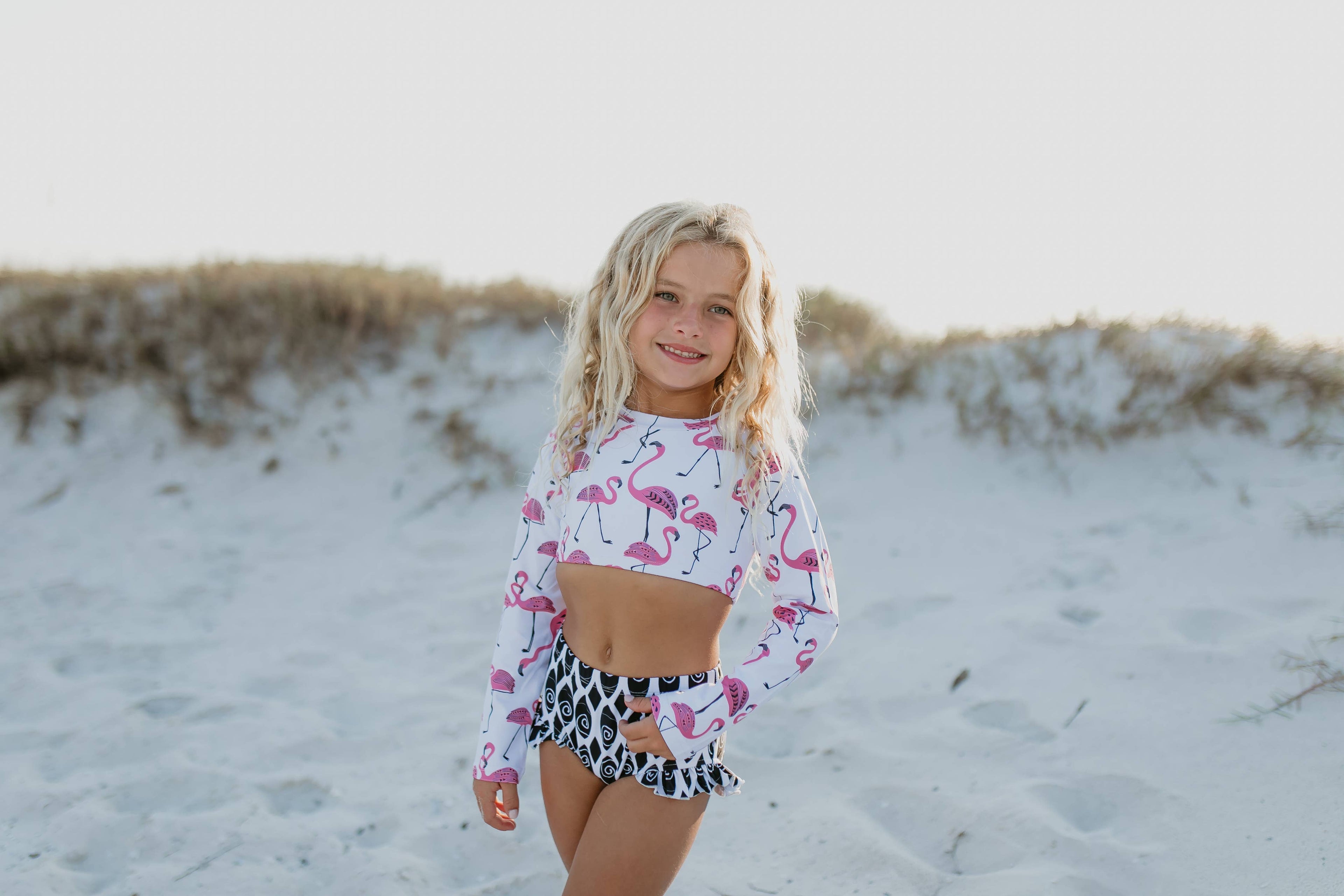 Kids Pink & Black Flamingo 2 Piece Rash Guard Swimsuit