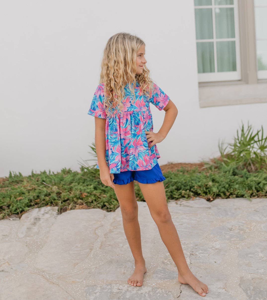 Kids Tropical Floral Pocket Ruffle Spring Summer Short Set