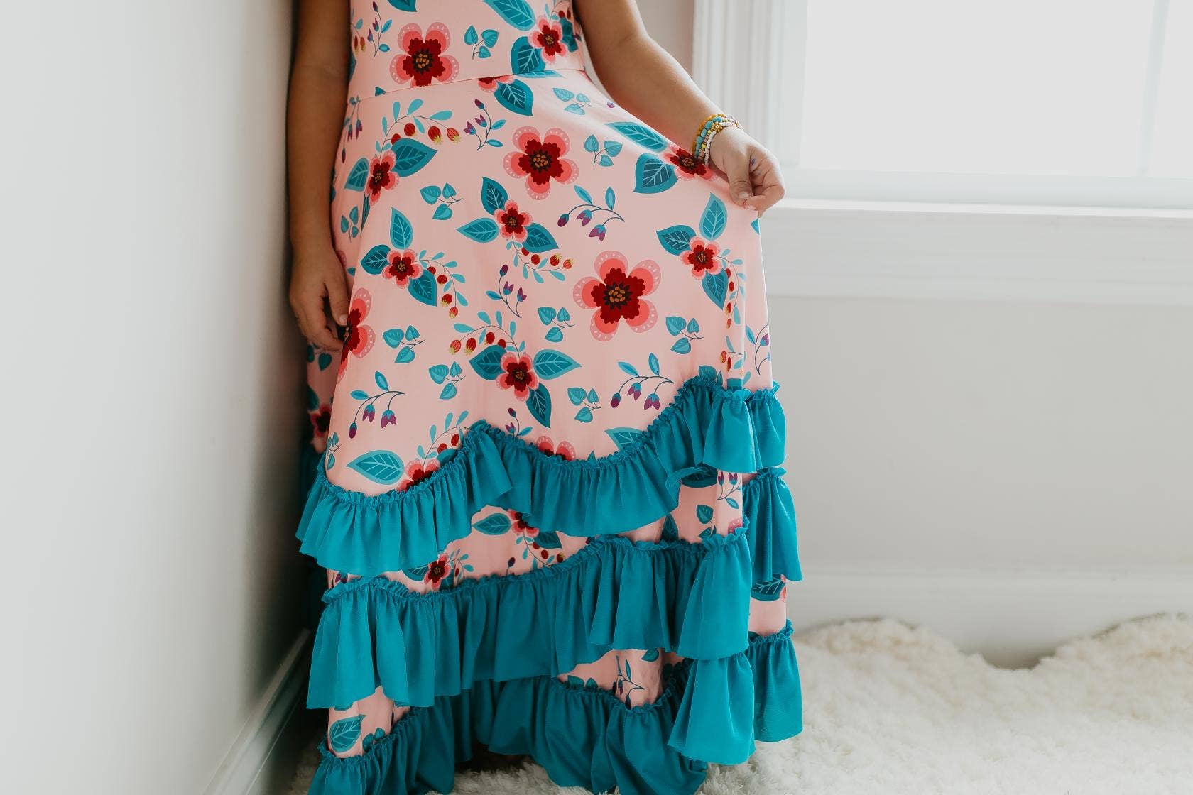 Kids Light Peach Floral Flutter Sleeve Ruffles Spring Dress