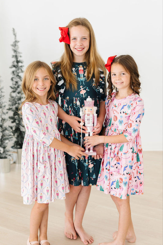 Christmas Ballet 3/4 Sleeve Ruffle Twirl Dress