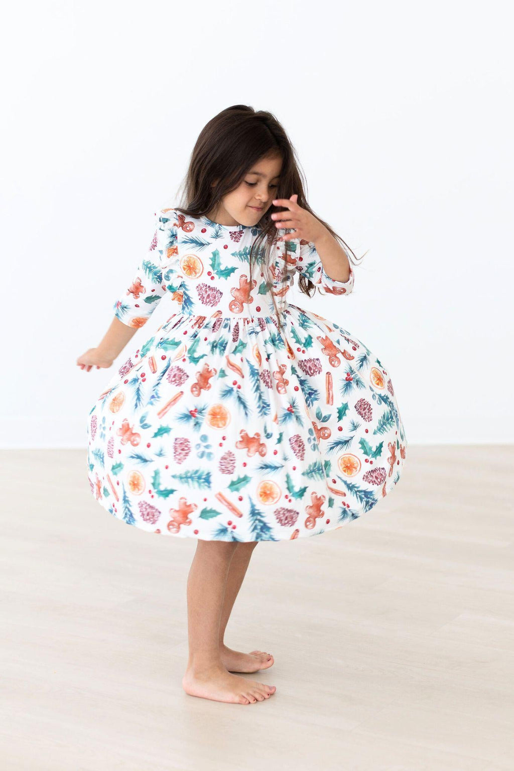 Classic Christmas 3/4 Sleeve Ruffle Twirl Dress