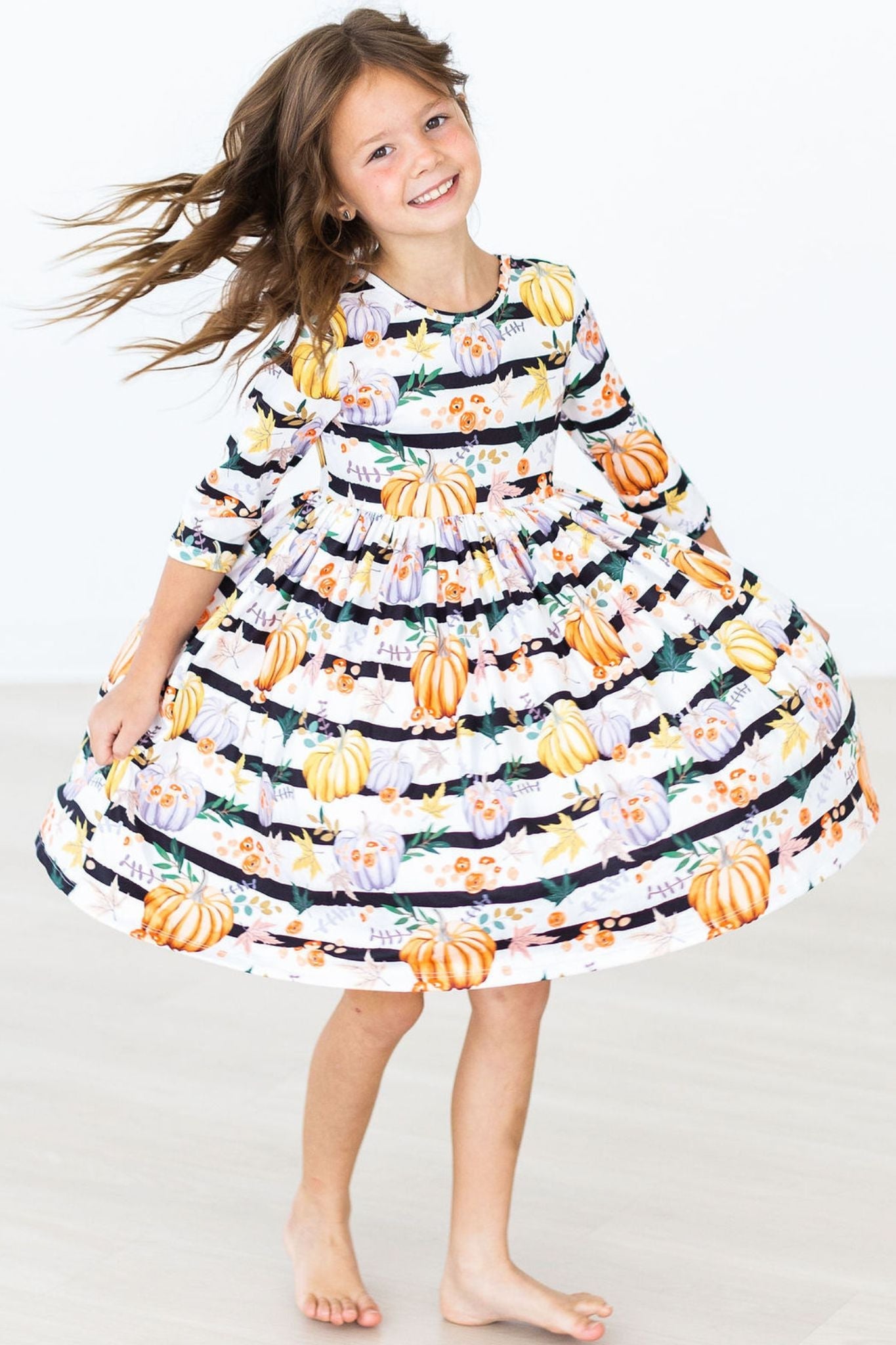 Pumpkins & Peonies 3/4 Sleeve Pocket Twirl Dress