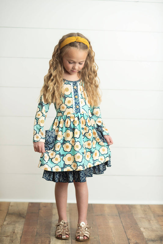 Kids Navy White Flower Button Lace Winter Dress With Pockets
