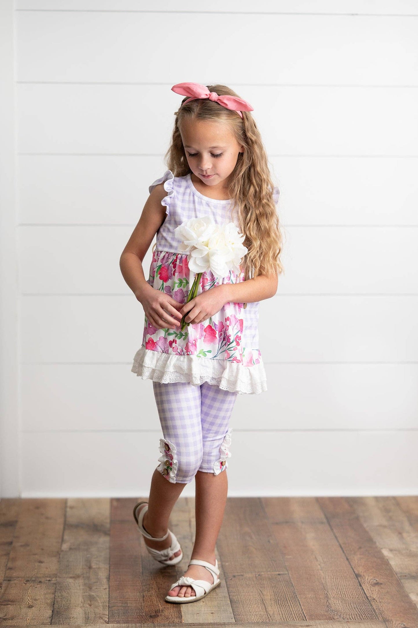 Kids Lavender Gingham & Floral Capri Ruffle Spring Set