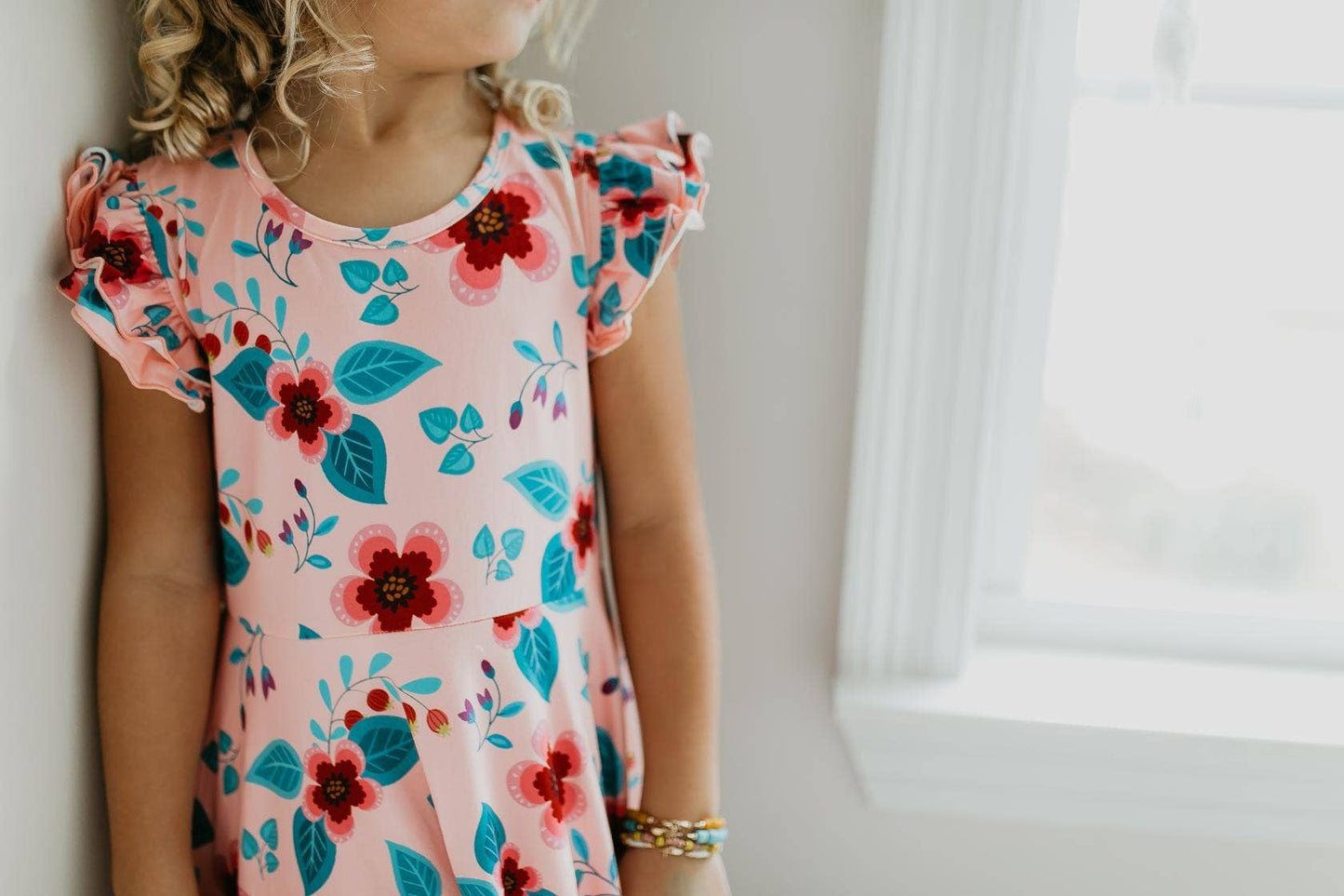 Kids Light Peach Floral Flutter Sleeve Ruffles Spring Dress