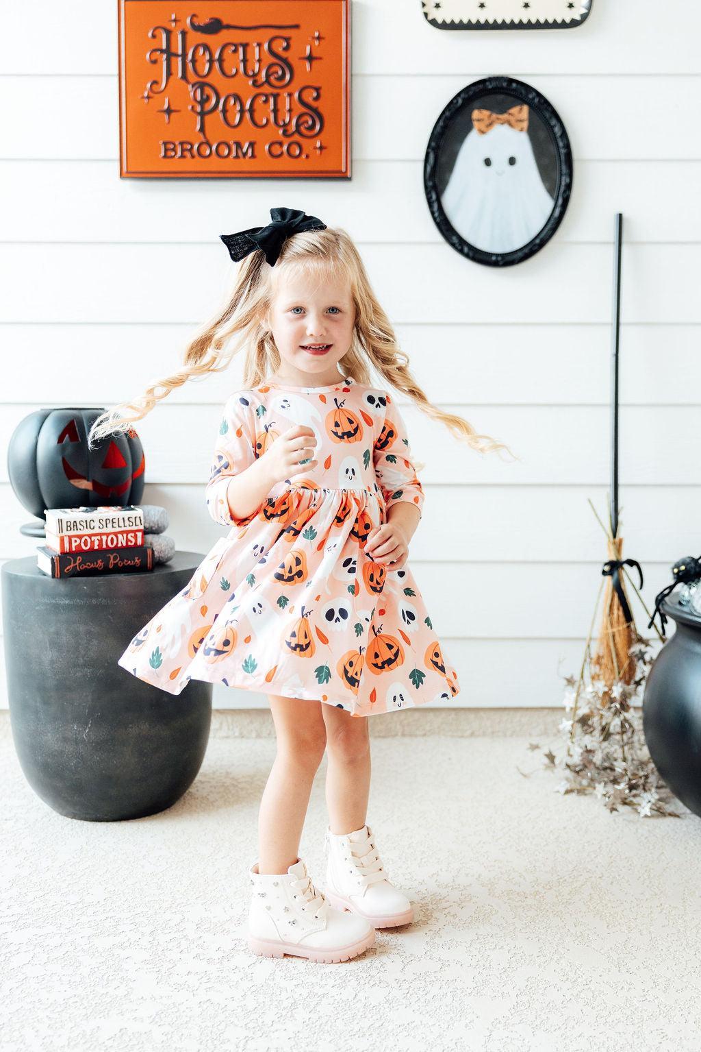 Pumpkin Peekaboo 3/4 Sleeve Pocket Twirl Dress