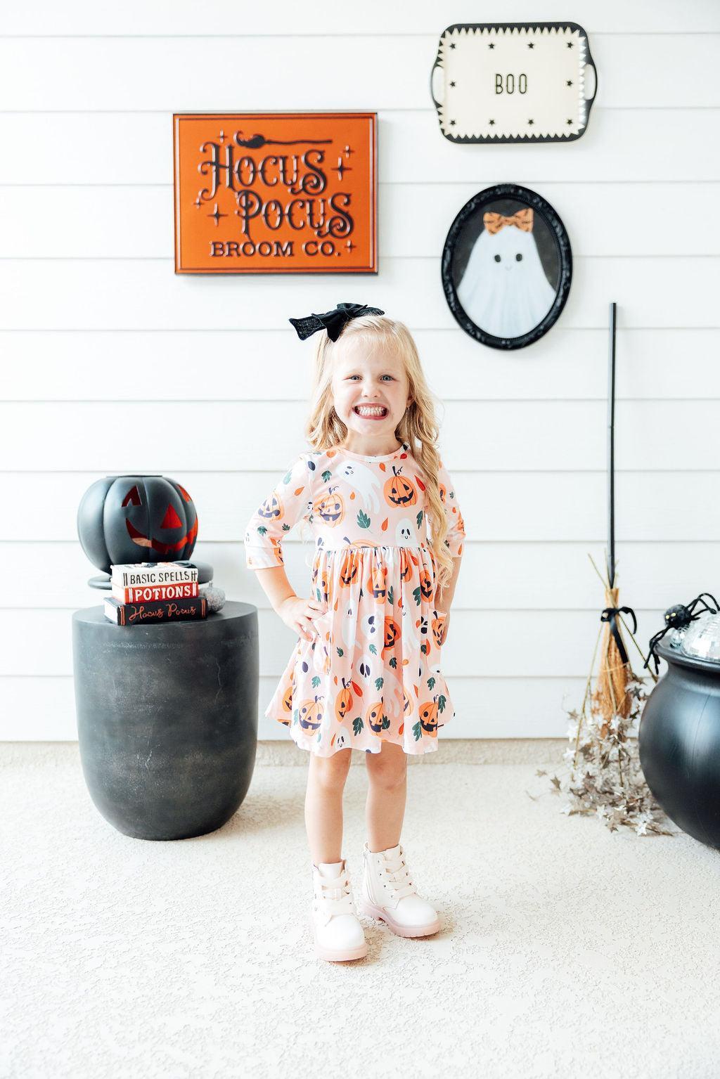 Pumpkin Peekaboo 3/4 Sleeve Pocket Twirl Dress