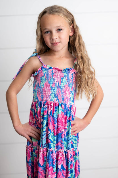 Girls Hot Pink Hawaiian Tropical Tiered Summer Maxi Dress