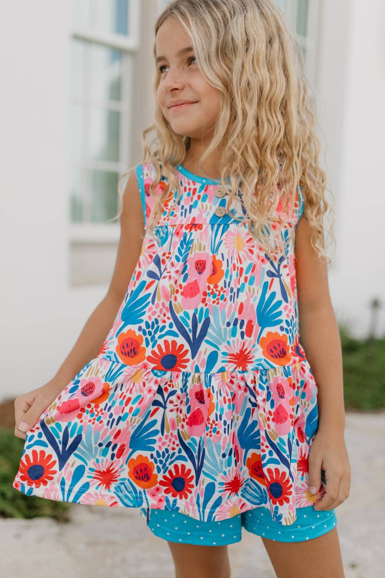 Girls Bright Pink & Blue Wild Floral Spring Summer Short Set
