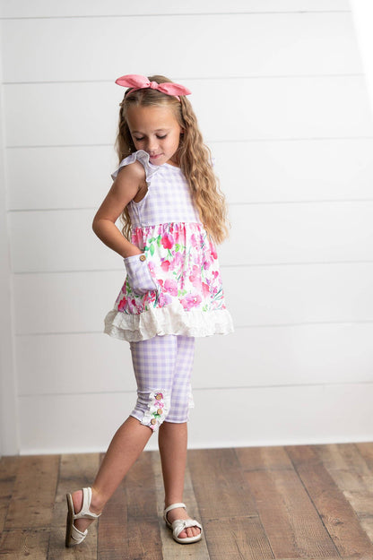 Kids Lavender Gingham & Floral Capri Ruffle Spring Set