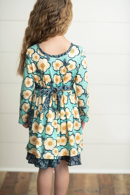 Kids Navy White Flower Button Lace Winter Dress With Pockets