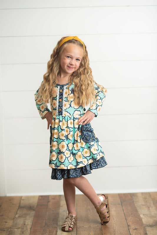 Kids Navy White Flower Button Lace Winter Dress With Pockets