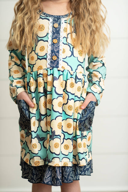 Kids Navy White Flower Button Lace Winter Dress With Pockets