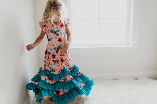 Kids Light Peach Floral Flutter Sleeve Ruffles Spring Dress