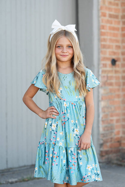 Girls Emma Teal Spring Willow Floral Flutter Sleeve Dress