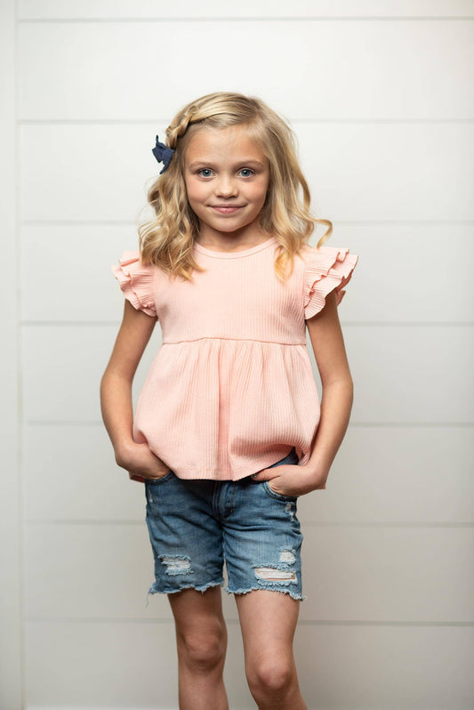 Kids Light Pink Double Ruffle Flutter Sleeve Summer Shirt