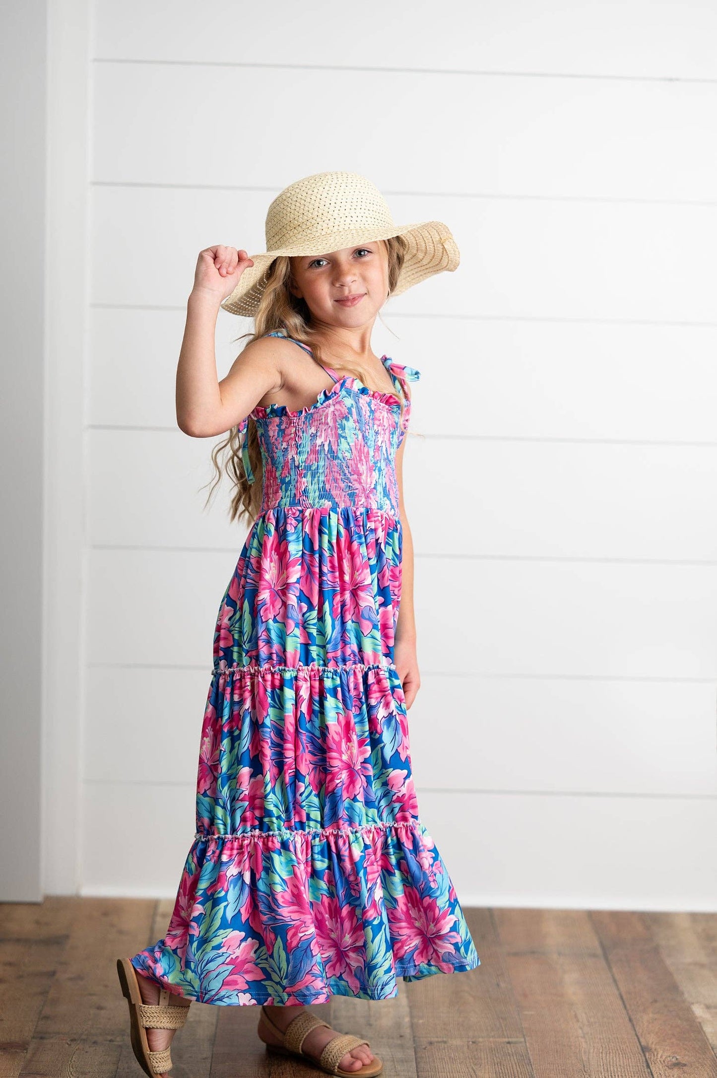 Girls Hot Pink Hawaiian Tropical Tiered Summer Maxi Dress