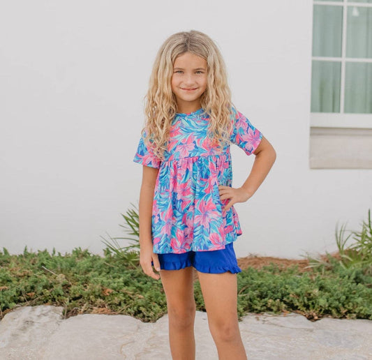 Kids Tropical Floral Pocket Ruffle Spring Summer Short Set