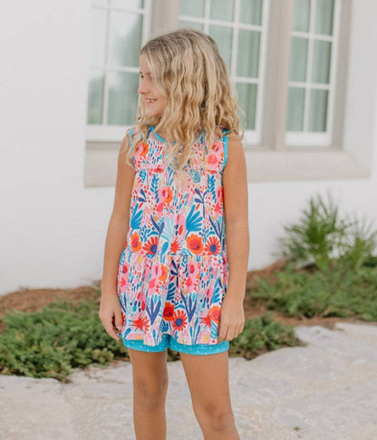 Girls Bright Pink & Blue Wild Floral Spring Summer Short Set