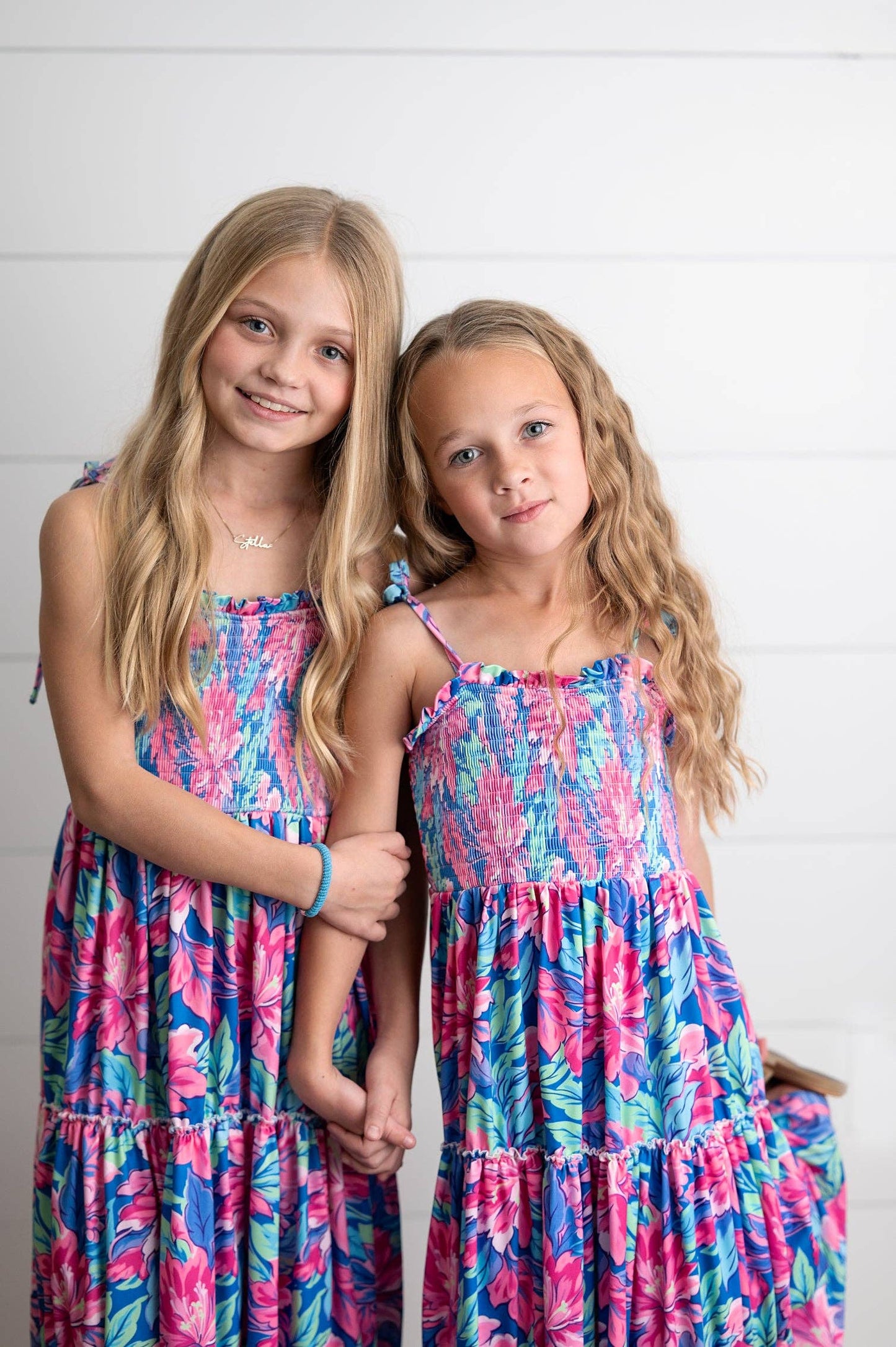 Girls Hot Pink Hawaiian Tropical Tiered Summer Maxi Dress
