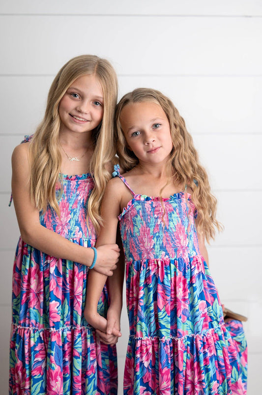 Girls Hot Pink Hawaiian Tropical Tiered Summer Maxi Dress