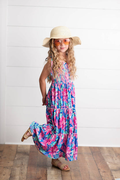 Girls Hot Pink Hawaiian Tropical Tiered Summer Maxi Dress