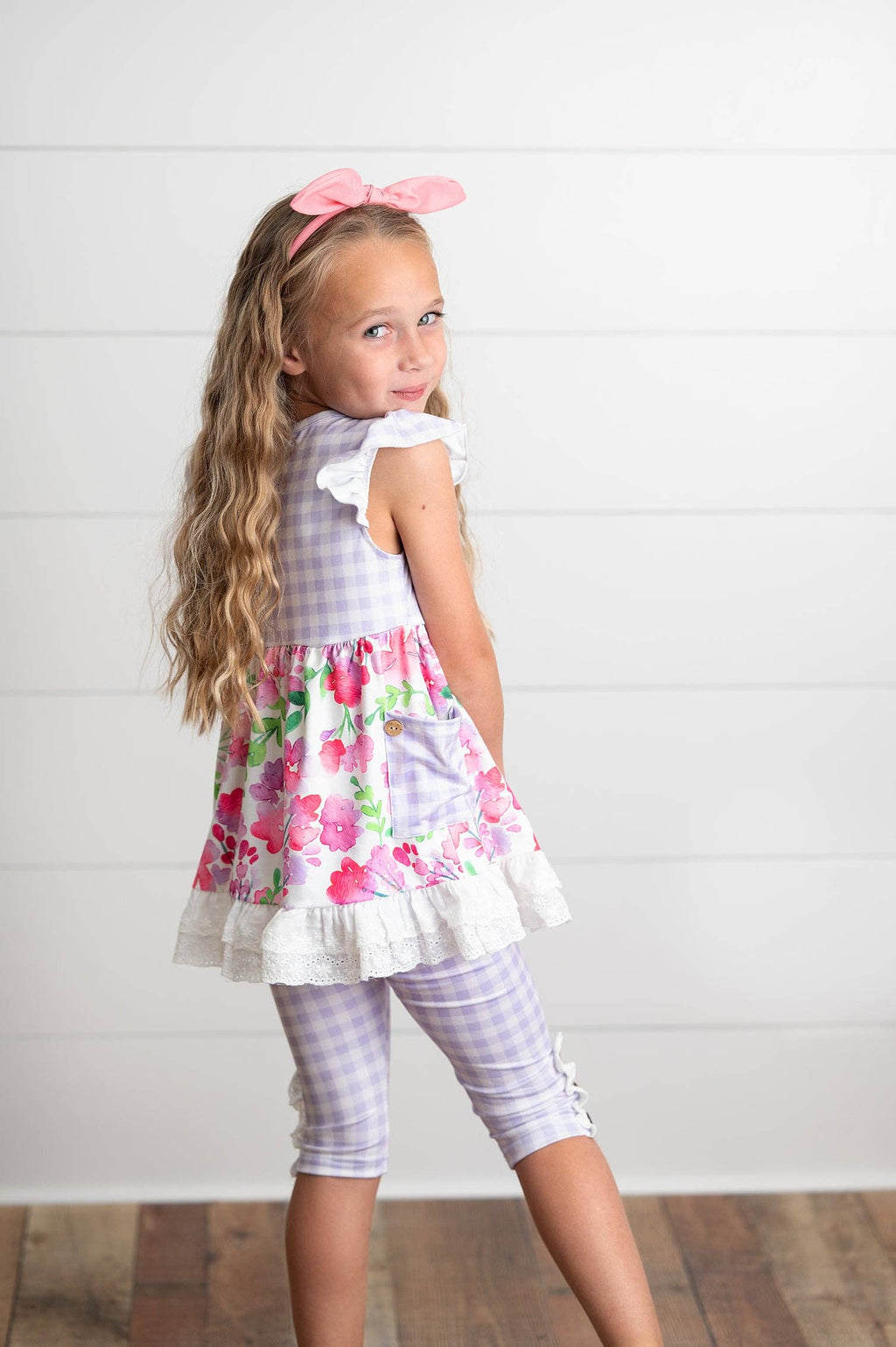 Kids Lavender Gingham & Floral Capri Ruffle Spring Set