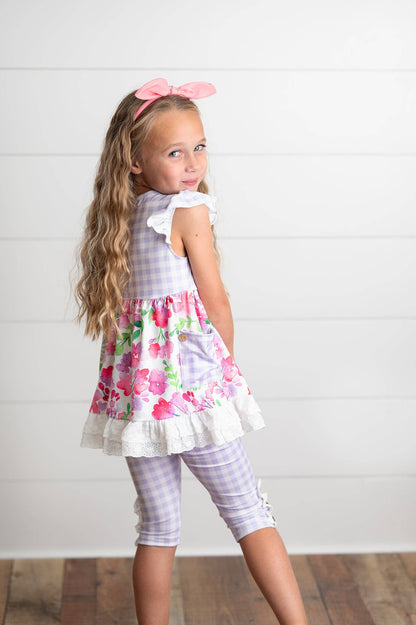 Kids Lavender Gingham & Floral Capri Ruffle Spring Set