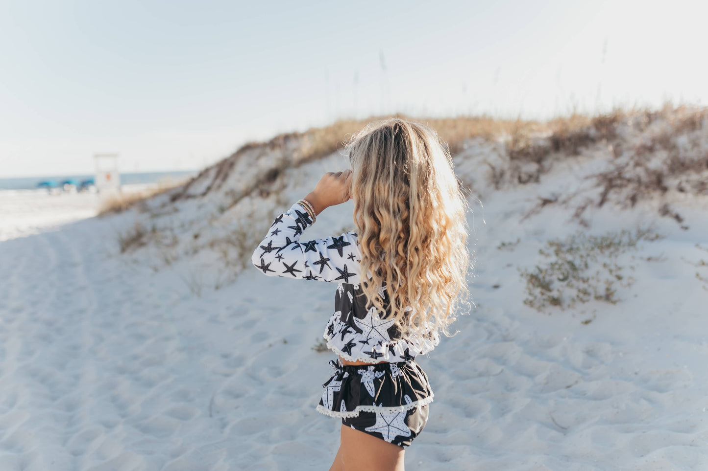 Kids Black & White Star Fish Long Sleeve Rash Guard Swimsuit