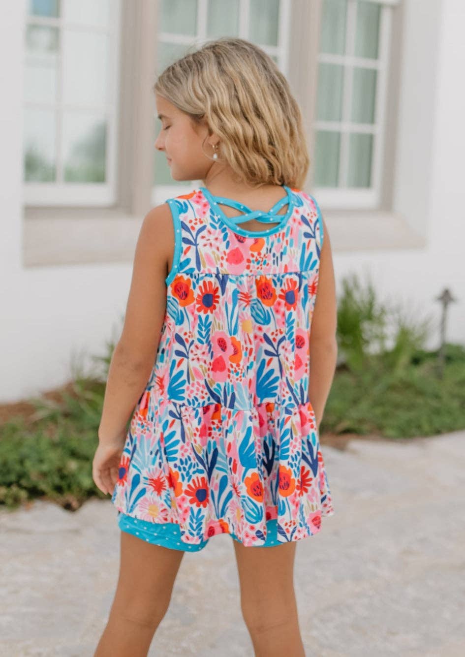Girls Bright Pink & Blue Wild Floral Spring Summer Short Set
