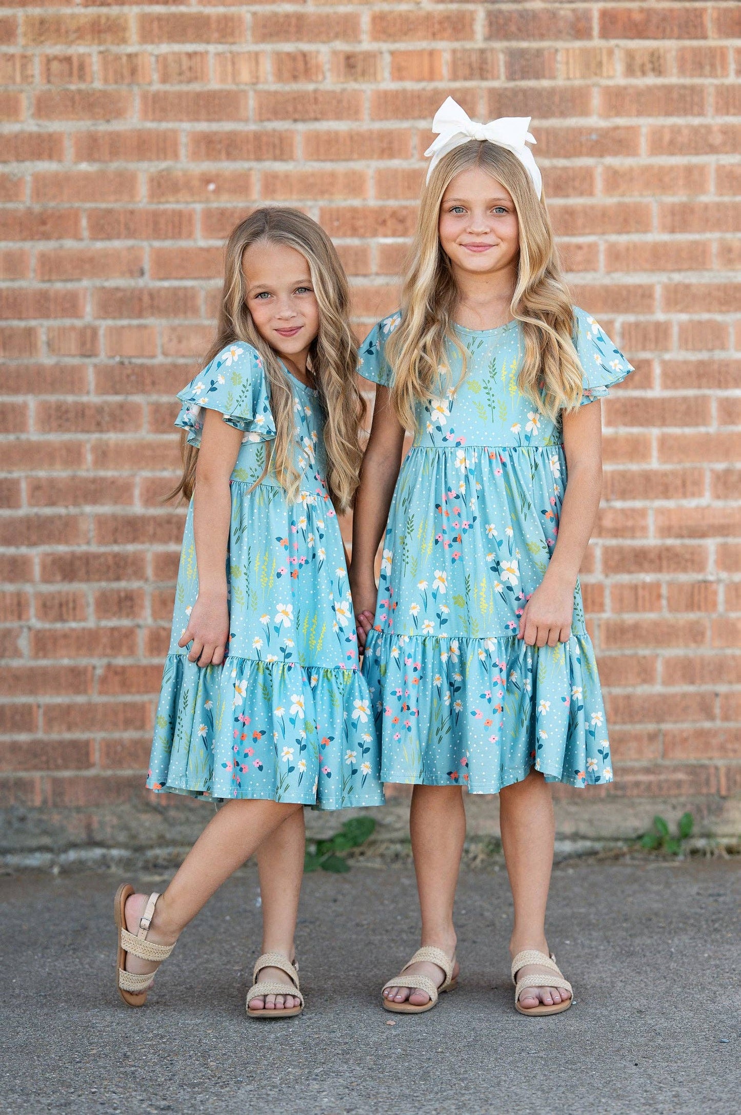 Girls Emma Teal Spring Willow Floral Flutter Sleeve Dress