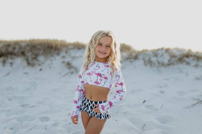 Kids Pink & Black Flamingo 2 Piece Rash Guard Swimsuit
