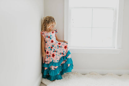 Kids Light Peach Floral Flutter Sleeve Ruffles Spring Dress