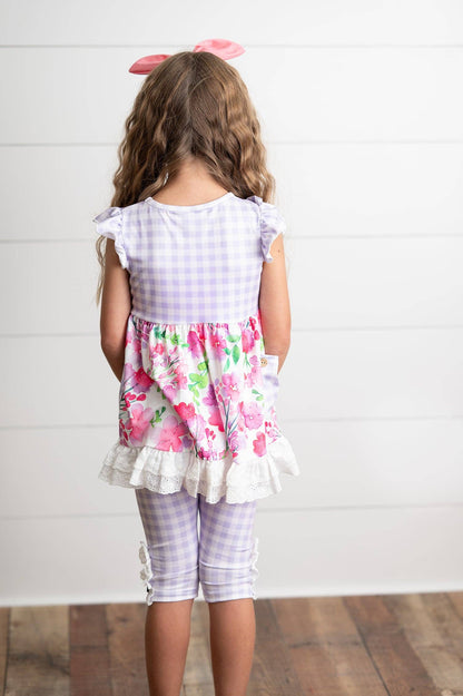 Kids Lavender Gingham & Floral Capri Ruffle Spring Set