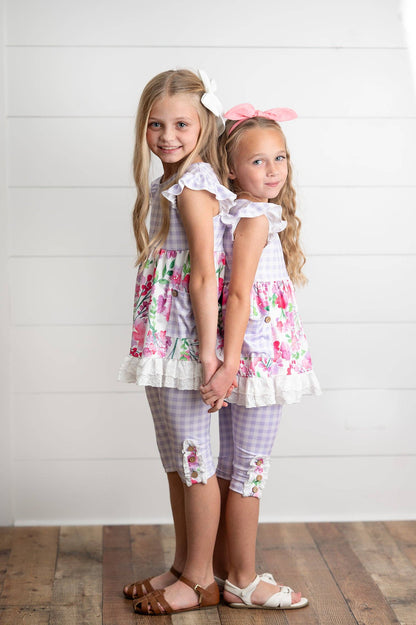 Kids Lavender Gingham & Floral Capri Ruffle Spring Set