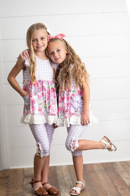 Kids Lavender Gingham & Floral Capri Ruffle Spring Set