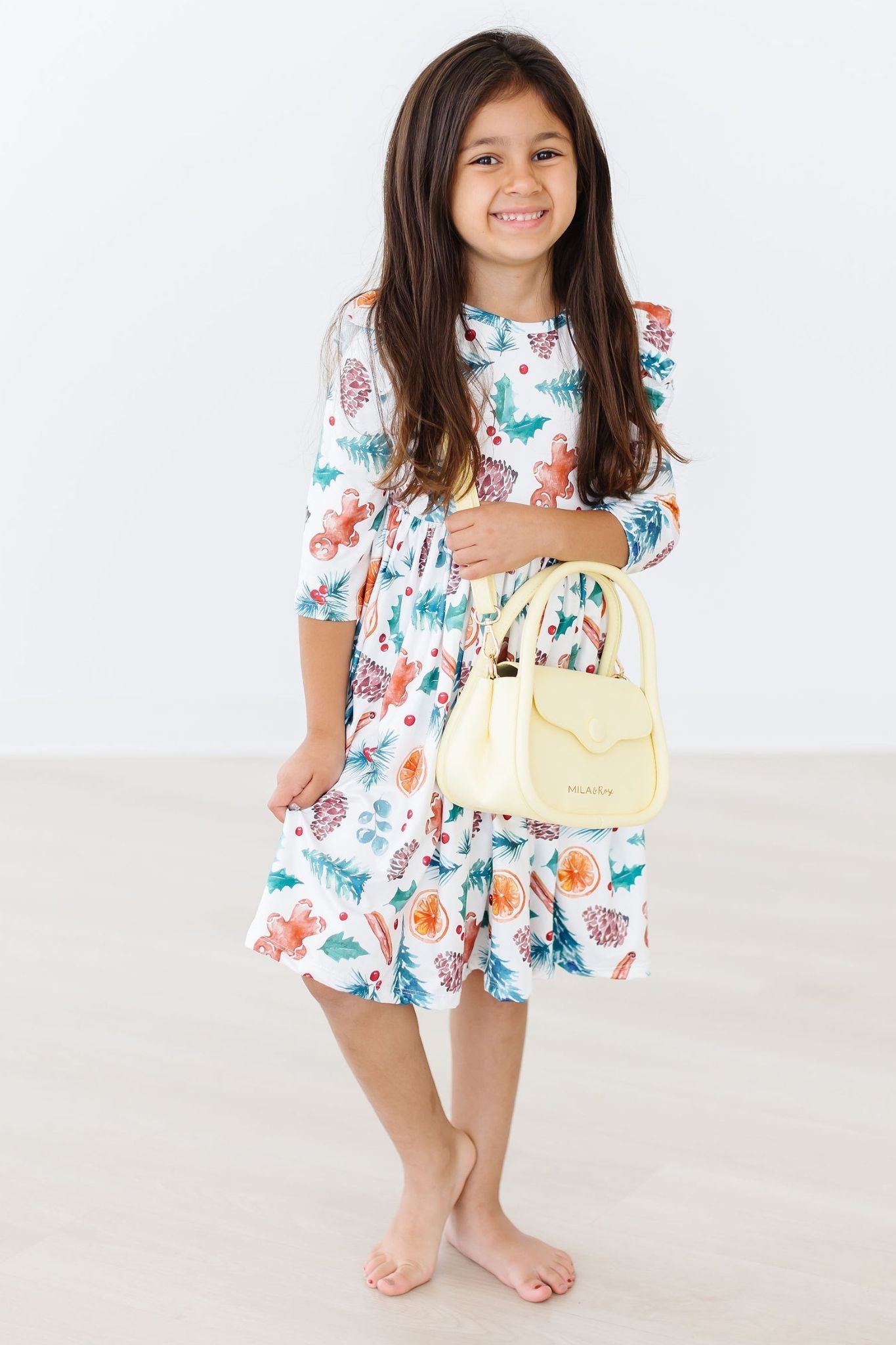 Classic Christmas 3/4 Sleeve Ruffle Twirl Dress