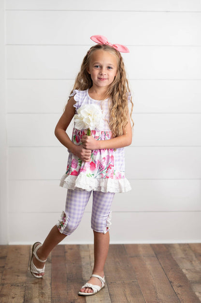 Kids Lavender Gingham & Floral Capri Ruffle Spring Set