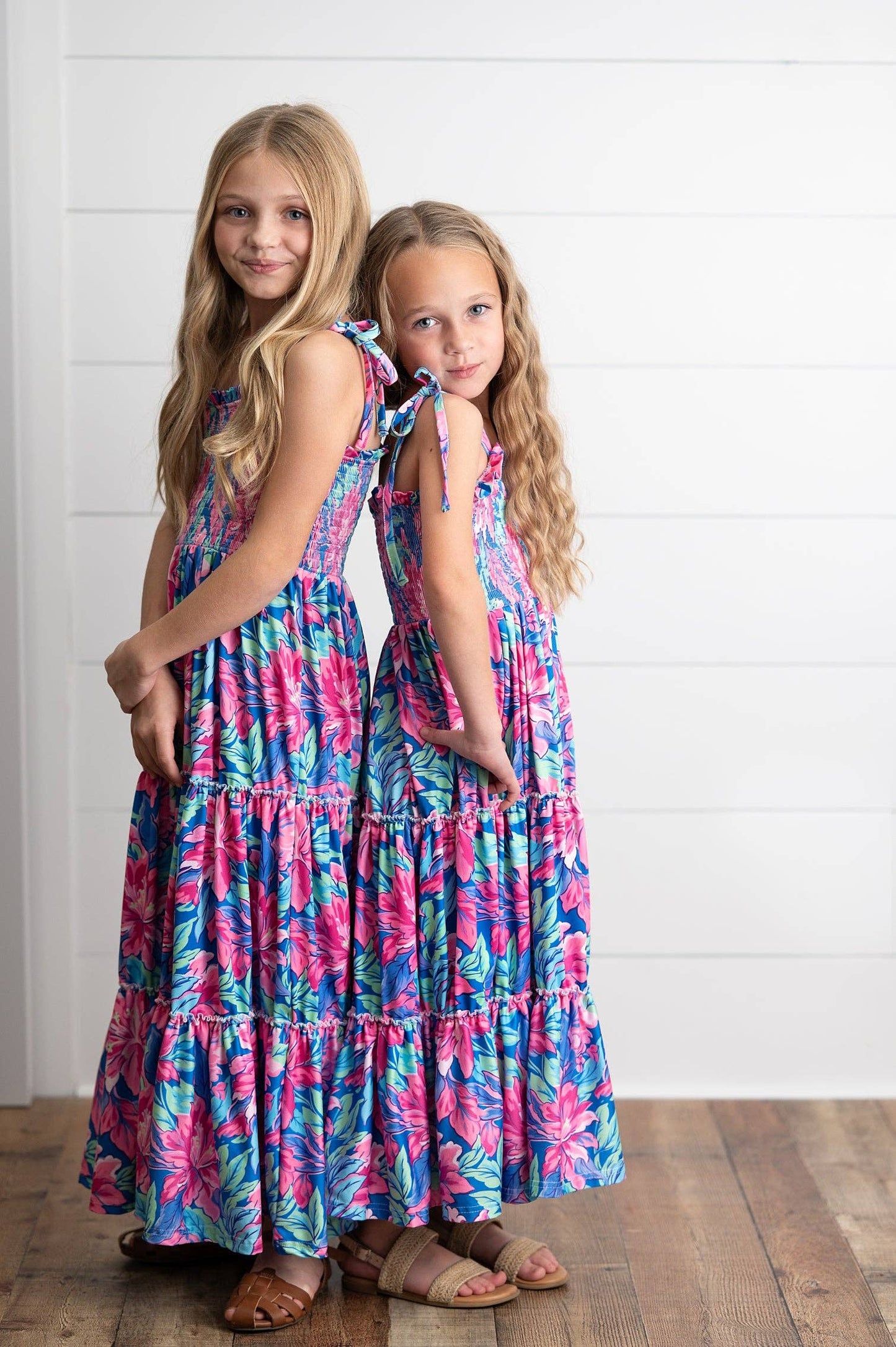 Girls Hot Pink Hawaiian Tropical Tiered Summer Maxi Dress