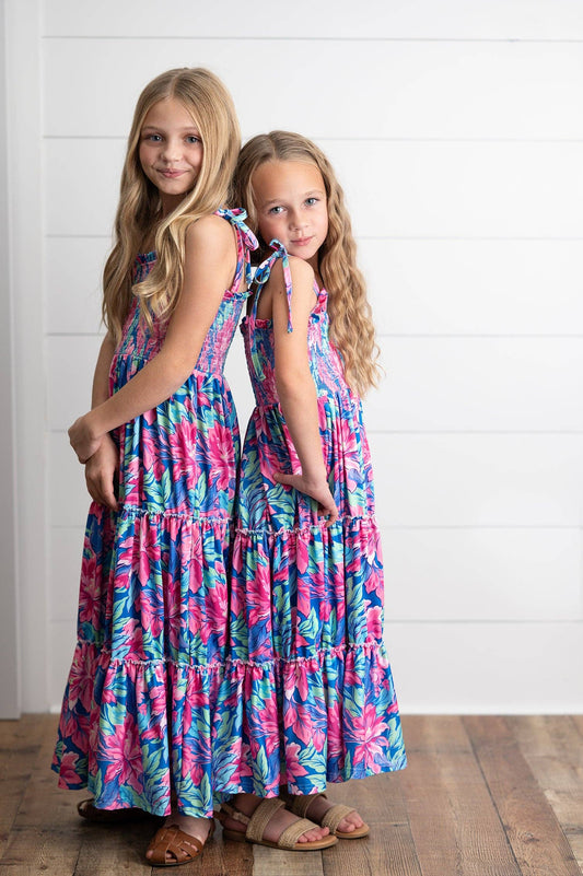 Girls Hot Pink Hawaiian Tropical Tiered Summer Maxi Dress