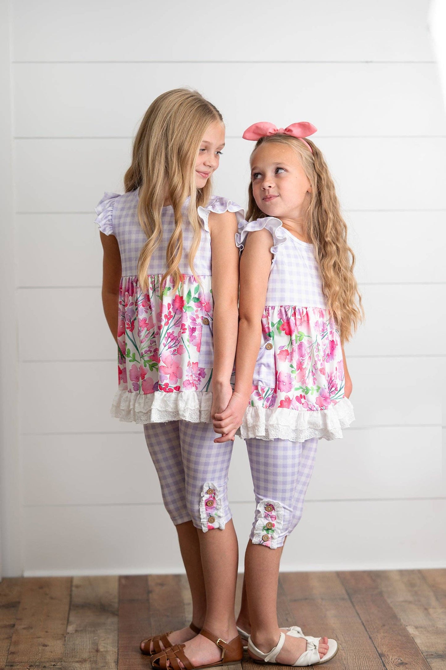 Kids Lavender Gingham & Floral Capri Ruffle Spring Set